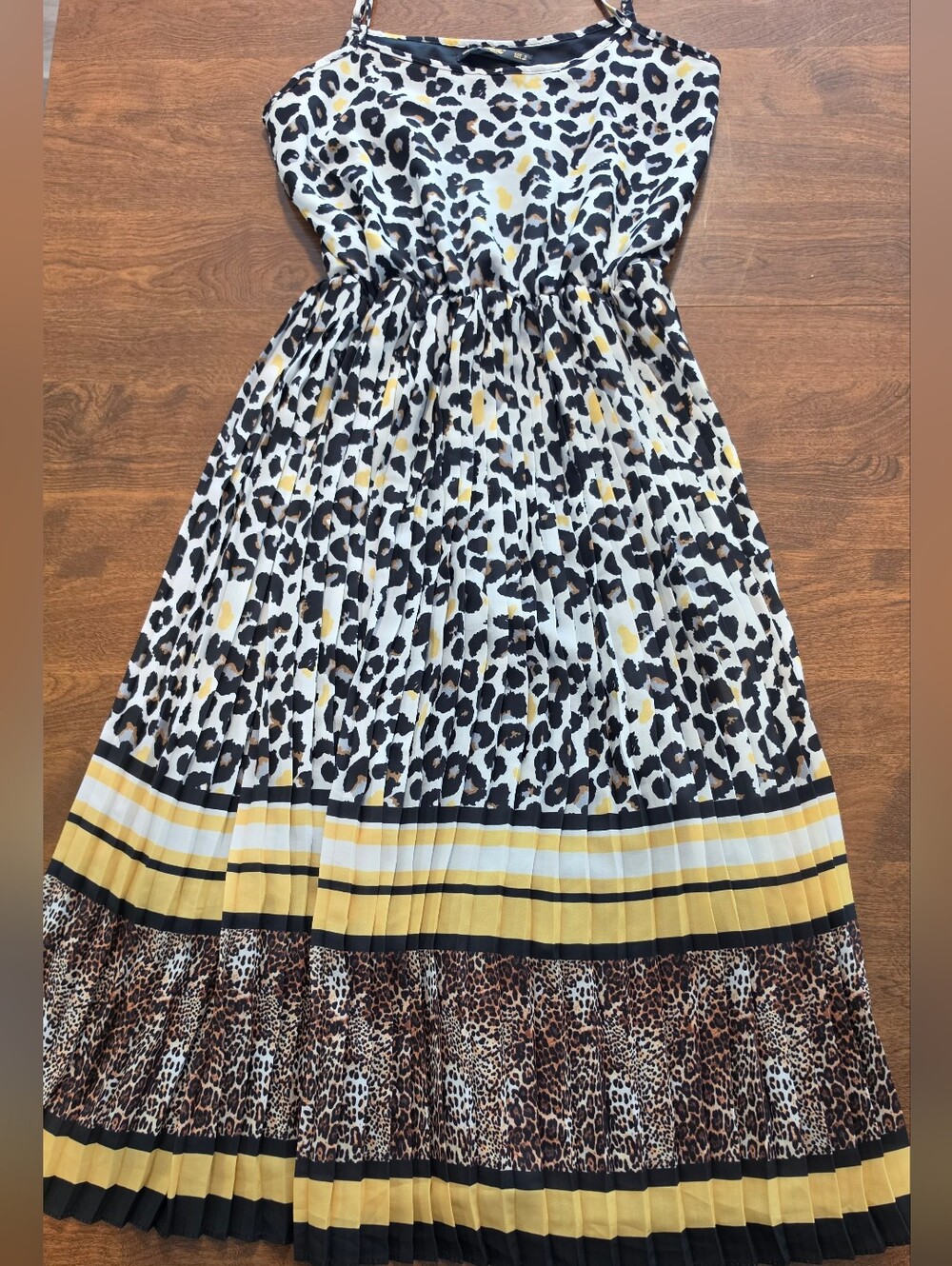 bebe Plus Yellow, Black & White Leopard Print Pleated Sundress - Picture 3 of 5